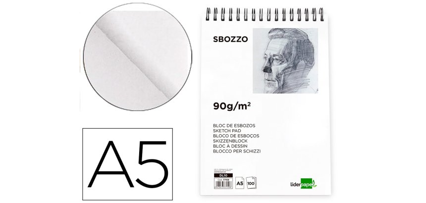 Bloc dibujo liderpapel esbozos espiral a5 148x210 mm 100 hojas 90 g sin recuadro