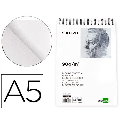 Bloc dibujo liderpapel esbozos espiral a5 148x210 mm 100 hojas 90 g sin recuadro