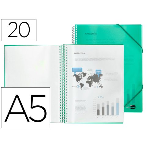 Carpeta liderpapel escaparate con espiral 20 fundas polipropileno din a5 verde