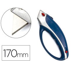 Cuter q-connect xs6200 metalico ancho azul y gris con mango de plastico y compartimento para cuchillas