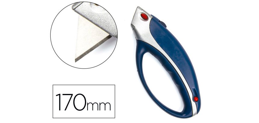 Cuter q-connect xs6200 metalico ancho azul y gris con mango de plastico y compartimento para cuchillas