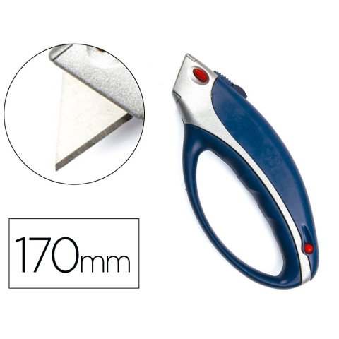 Cuter q-connect xs6200 metalico ancho azul y gris con mango de plastico y compartimento para cuchillas