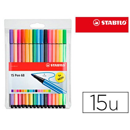 Rotulador stabilo acuarelable pen 68 estuche de 10 colores estandar + 5 colores neon