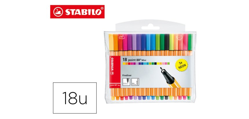 Rotulador stabilo punta de fibra point 88 mini estuche de 18 unidades colores surtidos