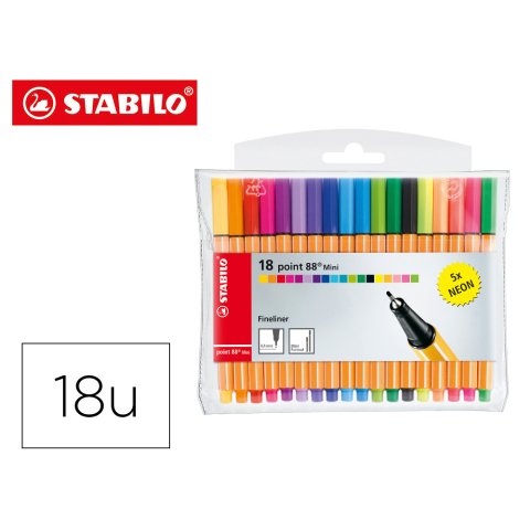 Rotulador stabilo punta de fibra point 88 mini estuche de 18 unidades colores surtidos