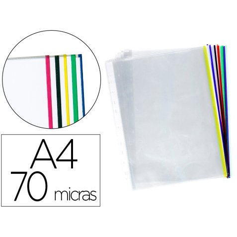 Funda multitaladro q-connect din a4 70 mc cristal con borde colores surtidos bolsa de 25 unidades