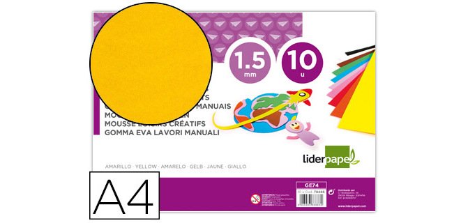 Goma eva liderpapel din a4 60g/m2 espesor 1,5mm amarillo paquete de 10 hojas