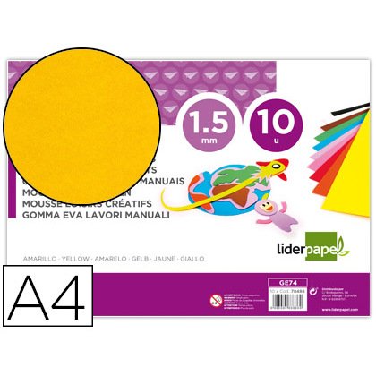 Goma eva liderpapel din a4 60g/m2 espesor 1,5mm amarillo paquete de 10 hojas