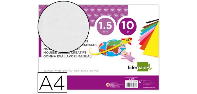Goma eva liderpapel din a4 60g/m2 espesor 1,5mm blanco paquete de 10 hojas
