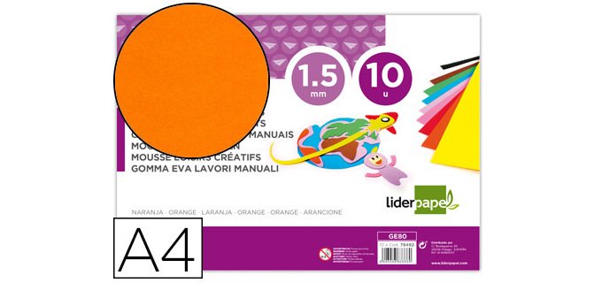 Goma eva liderpapel din a4 60g/m2 espesor 1,5mm naranja paquete de 10 hojas