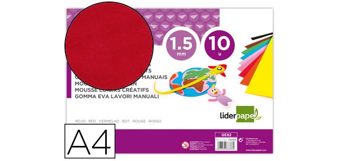Goma eva liderpapel din a4 60g/m2 espesor 1,5mm rojo paquete de 10 hojas