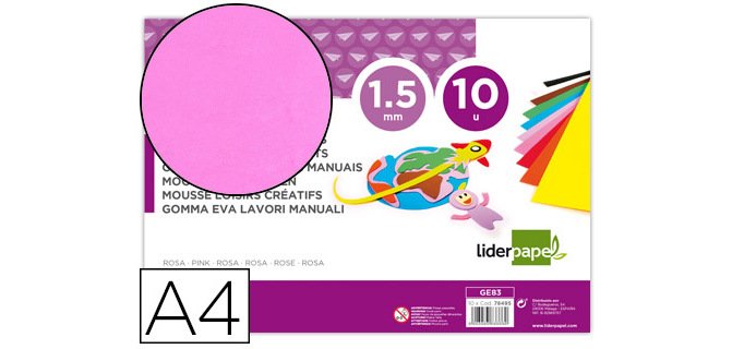 Goma eva liderpapel din a4 60g/m2 espesor 1,5mm rosa paquete de 10 hojas