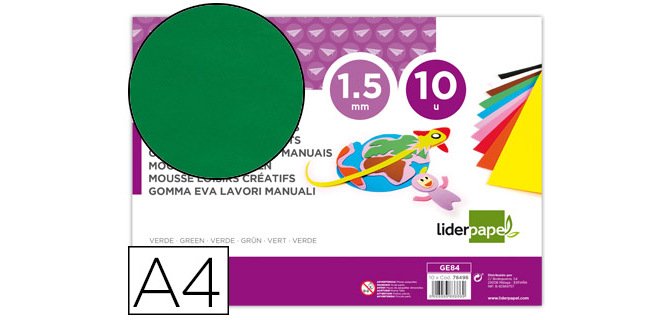 Goma eva liderpapel din a4 60g/m2 espesor 1,5mm verde paquete de 10 hojas