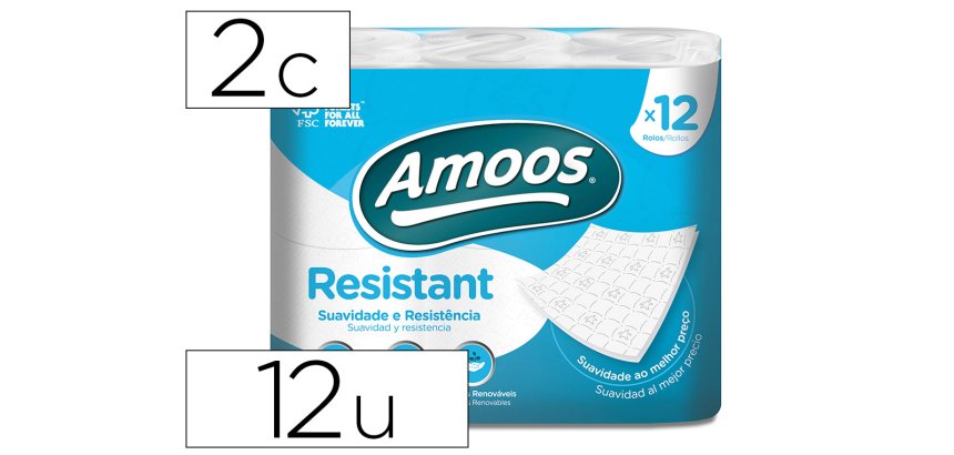 Papel higienico amoos 2 capas 100 mm diametro x 87 mm alto paquete de 12 rollos