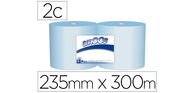 Papel secamanos industrial amoos 2 capas 222 mm x 300 m color azul paquete de 2 rollos