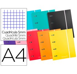 Carpeta con recambio liderpapel a4 cuadro 5 mm 120 hojas 80 g forrada 4 anillas 40 mm redondas colores surtido