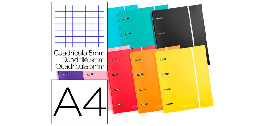 Carpeta con recambio liderpapel a4 cuadro 5 mm 120 hojas 80 g forrada 4 anillas 40 mm redondas colores surtido