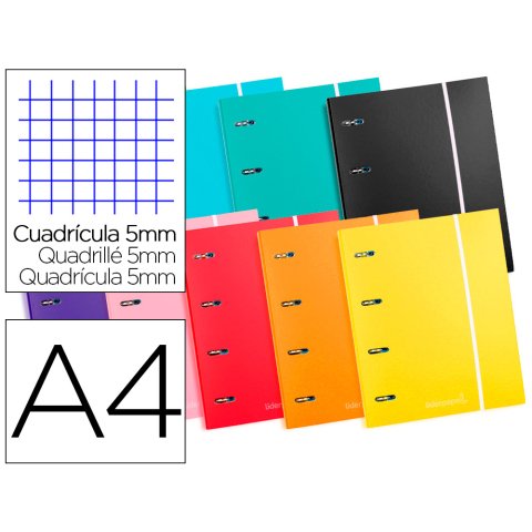Carpeta con recambio liderpapel a4 cuadro 5 mm 120 hojas 80 g forrada 4 anillas 40 mm redondas colores surtido