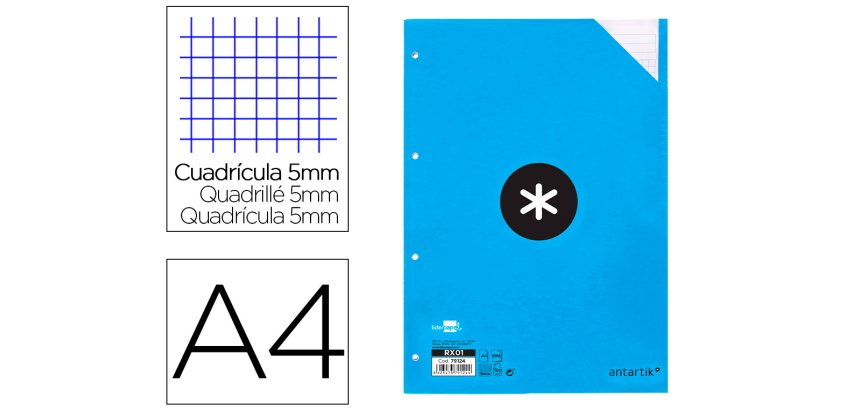 Recambio antartik a4 100 hojas 90gr cuadro 5 mm 4 taladros bandas de 5 colores