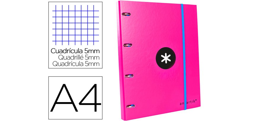 Carpeta con recambio antartik a4 cuadro 5mm forrada 4 anillas 25mm redondas color rosa