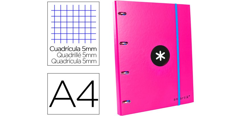 Carpeta con recambio antartik a4 cuadro 5mm forrada 4 anillas 25mm redondas color rosa