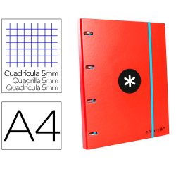 Carpeta con recambio antartik a4 cuadro 5mm forrada 4 anillas 25mm redondas color rojo