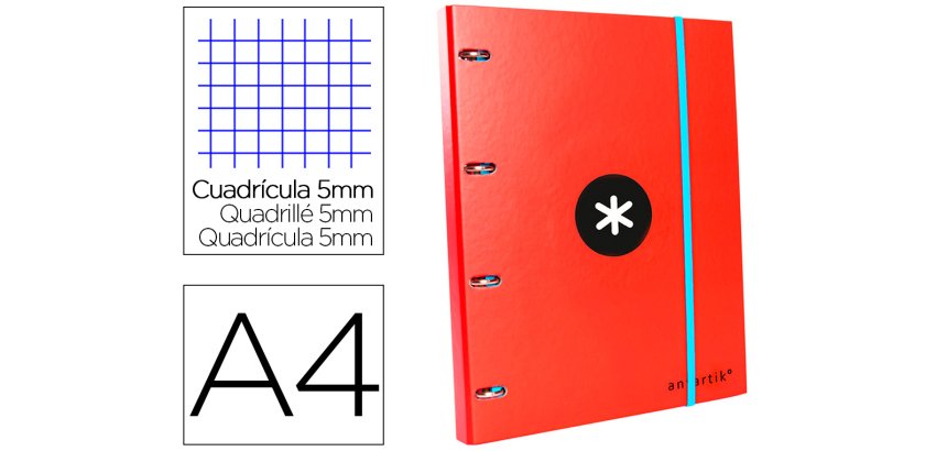 Carpeta con recambio antartik a4 cuadro 5mm forrada 4 anillas 25mm redondas color rojo