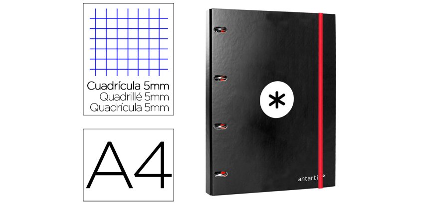 Carpeta con recambio antartik a4 cuadro 5mm forrada 4 anillas 25mm redondas color negro