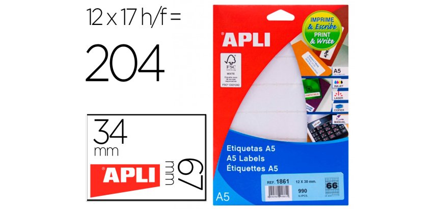 Etiqueta adhesiva apli blanca 12x30 mm sobre a5 de 990 unidades