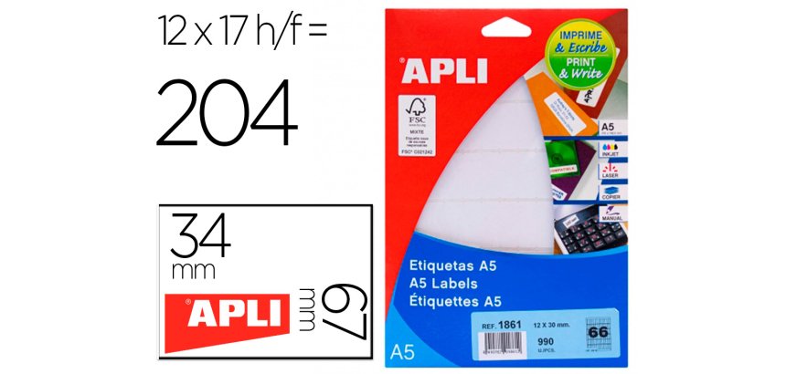 Etiqueta adhesiva apli blanca 12x30 mm sobre a5 de 990 unidades