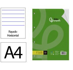 Recambio liderpapel a4 100 hojas 100 g/m2 rayado horizontal con margen 4 taladros