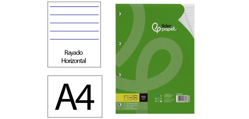 Recambio liderpapel a4 100 hojas 100gr rayado horizontal con margen 4 taladros