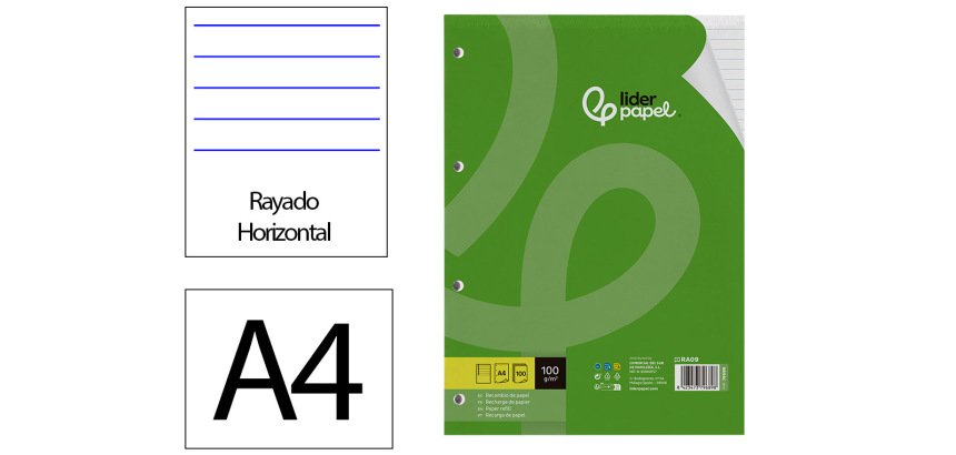 Recambio liderpapel a4 100 hojas 100gr rayado horizontal con margen 4 taladros