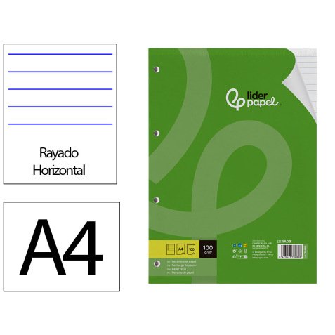 Recambio liderpapel a4 100 hojas 100 g/m2 rayado horizontal con margen 4 taladros