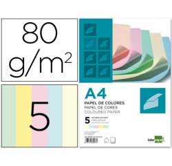 Papel color liderpapel a4 80gr 5 colores surtidos paquete de 500 hojas