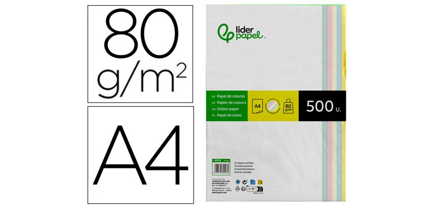 Papel color liderpapel a4 80gr 5 colores surtidos paquete de 500 hojas