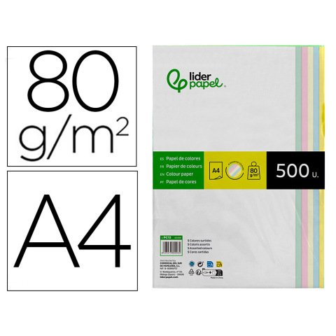 Papel color liderpapel a4 80gr 5 colores surtidos paquete de 500 hojas