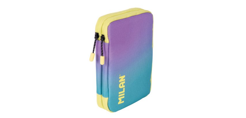 Plumier escolar milan coleccion sunset doble cremallera con accesorios color turquesa 198x143x40 mm