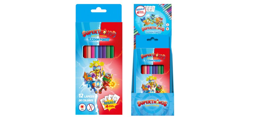 Lapices de colores dohe superthings caja de 12 unidades colores surtidos + 4 hojas para colorear