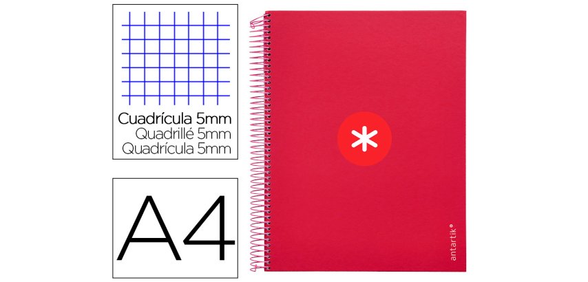 Cuaderno espiral a4 micro antartik tapa forrada 120h 100 gr cuadro 5mm 5 bandas 4 taladros color frambuesa