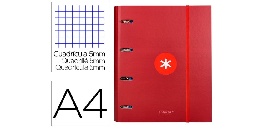 Carpeta con recambio antartik a4 cuadro 5mm forrada 4 anillas 40mm redondas con solapa color frambuesa