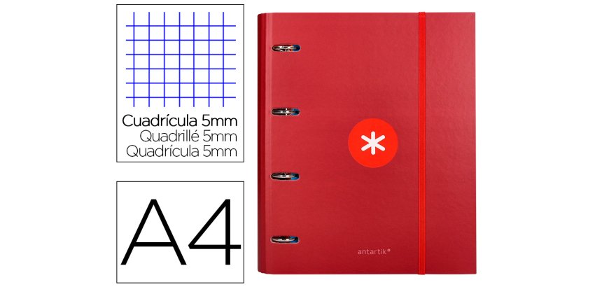 Carpeta con recambio antartik a4 cuadro 5mm forrada 4 anillas 40mm redondas con solapa color frambuesa