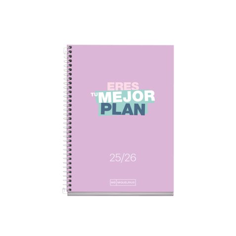 Agenda espiral escolar miquelrius activa octavo dia pagina 25-26 tapa carton forrado lila