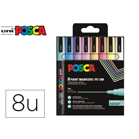 Rotulador uni posca pc-3m/8c marcador de pintura punta conica 0,9-1,3 mm estuche de 8unidades colores suaves