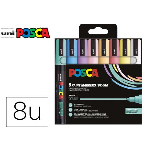 Rotulador uni posca pc-5m/8c marcador de pintura punta conica 1,8-2,5 mm estuche de 8 unidades colores suaves