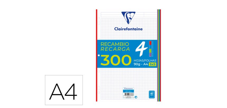 Recambio clairefontaine din a4 300 hojas 90 gr cuadro 5 mm con bandas de 5 colores vivos