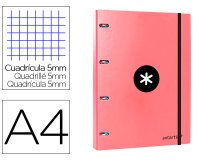 Carpeta con recambio antartik a4 cuadro 5mm forrada 4 anillas 25mm redondas color coral