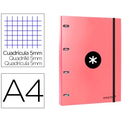Carpeta con recambio antartik a4 cuadro 5mm forrada 4 anillas 25mm redondas color coral