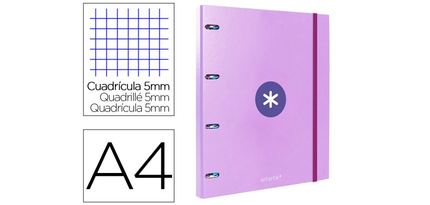 Carpeta con recambio antartik a4 cuadro 5mm forrada 4 anillas 25mm redondas color lavanda