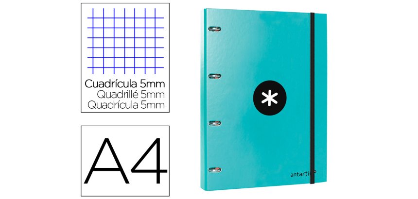 Carpeta con recambio antartik a4 cuadro 5mm forrada 4 anillas 25mm redondas color menta